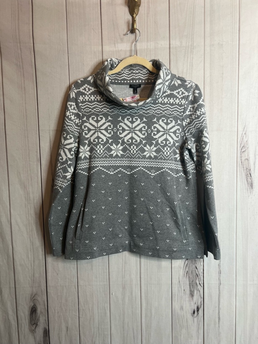 Talbots Gray and White Fair Isle Cowl Neck Sweater